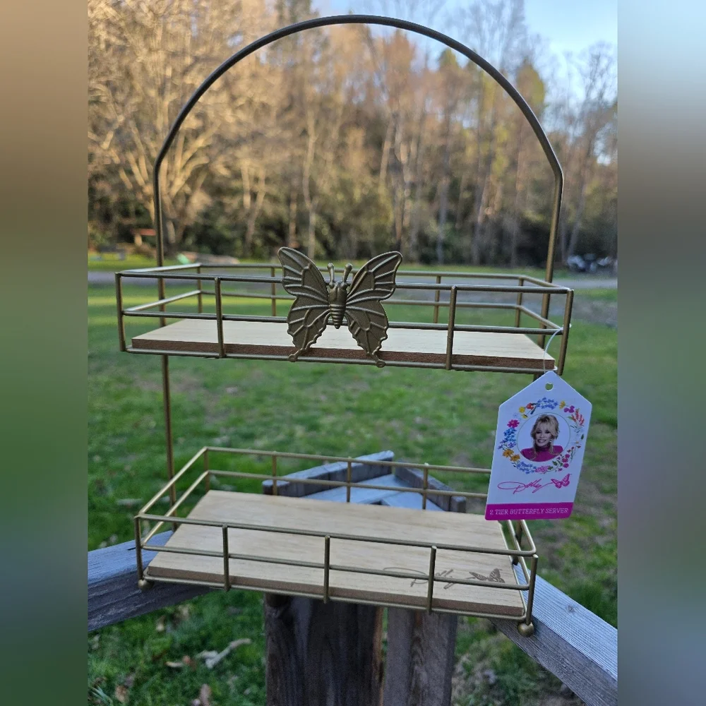 Dolly Parton 2 Tier Butterfly Serving Tray Server Shelf Wood and Metal Signature